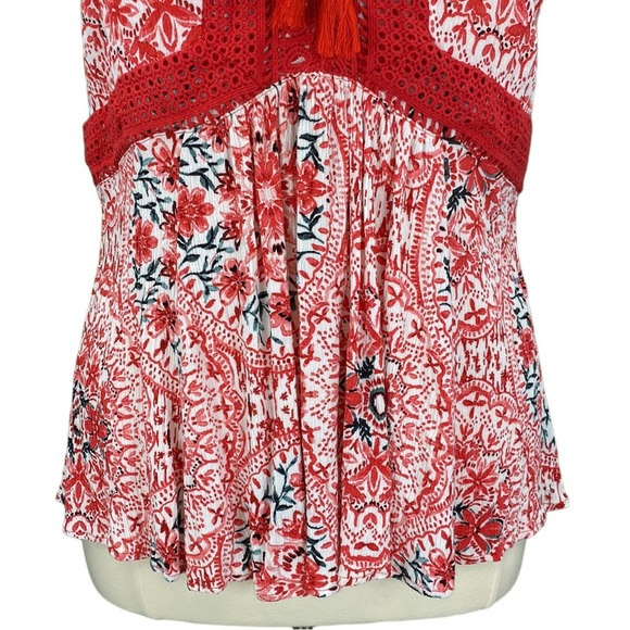Torrid Red Floral Crochet Lace Up Neck Flowy Sleeveless Blouse - Picture 4 of 14